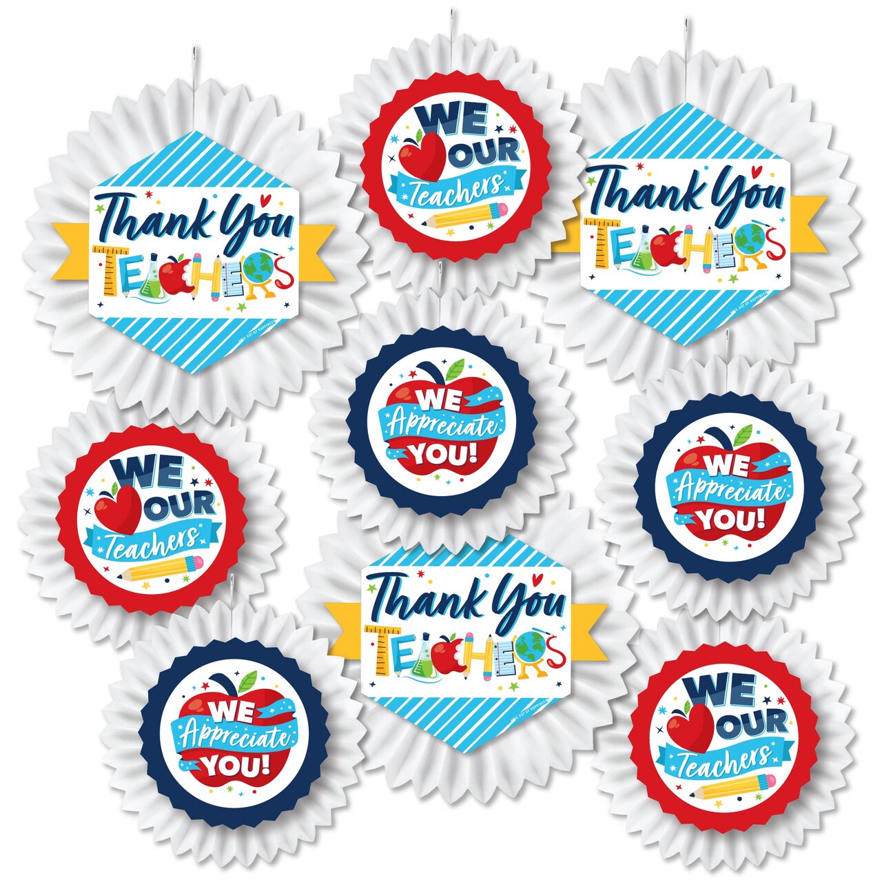 Big Dot of Happiness Thank You Teachers - Hanging Teacher Appreciation Tissue Decoration Kit - Paper Fans - Set of 9